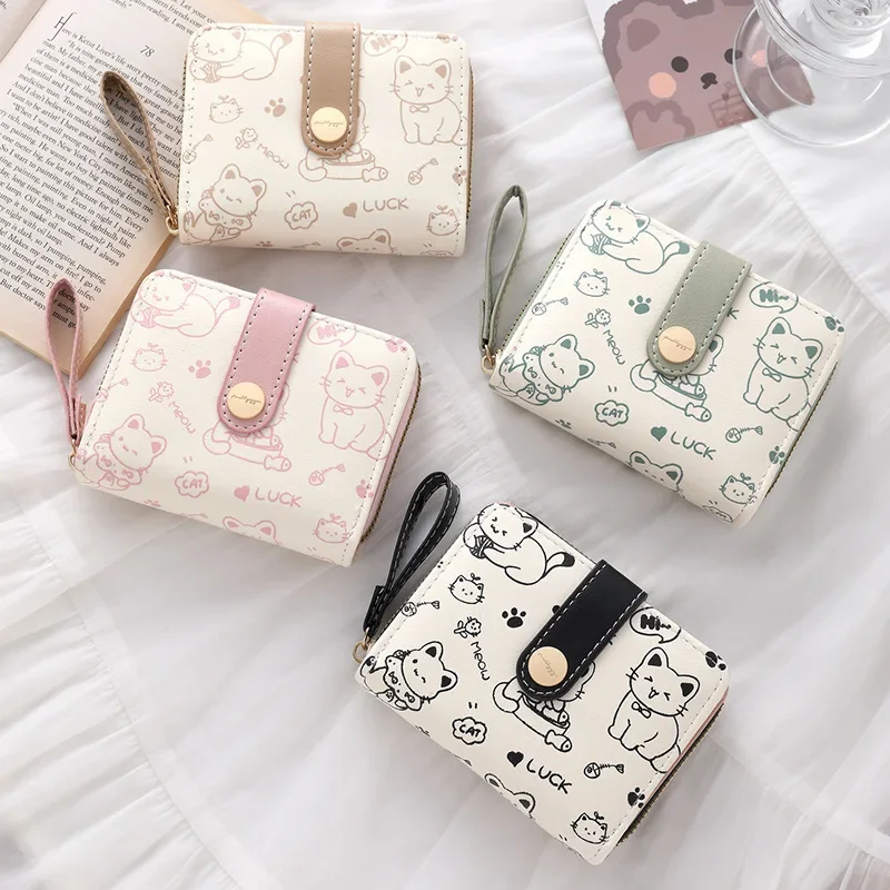 Cute Cat Coin Purse Women Fashion Short Wallet PU Leather Large Capacity Wallet Lightweight ID Card Holder Travel Cash Coin Bag