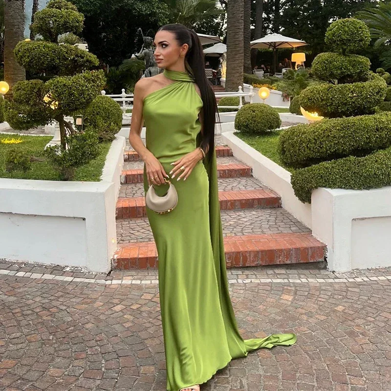 Women Satin Ribbon Halter Party Evening Dress Women Elegant Backless Off Shoulder Sleeveless Long Dresses Fashion Lady Robes