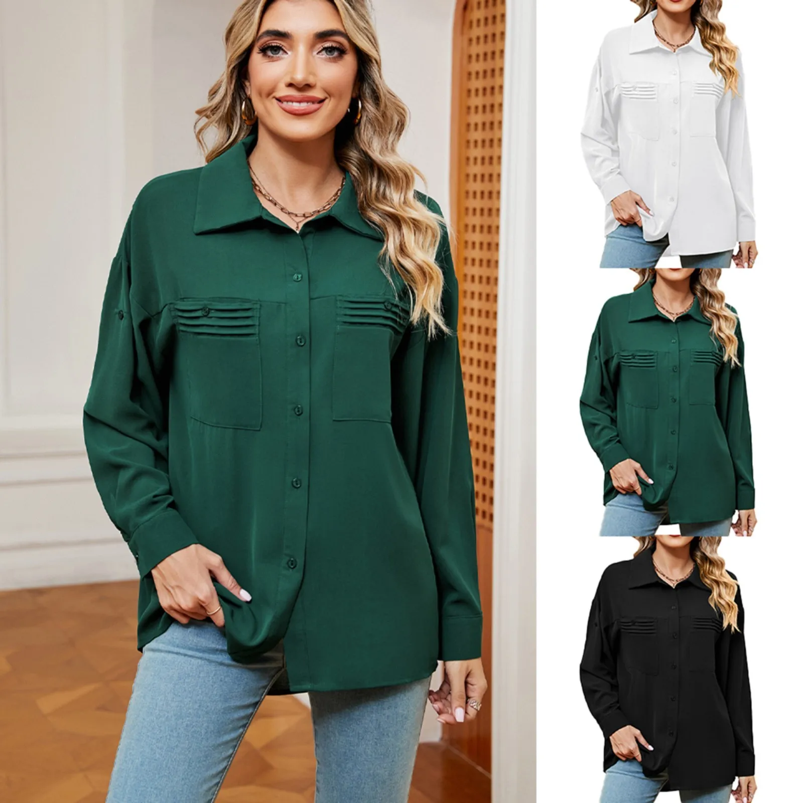 

Женская Однотонная рубашка с лацканами и карманами, на пуговицах, с длинным рукавом, модный Свободный Топ, классические рубашки на пуговицах для женщин