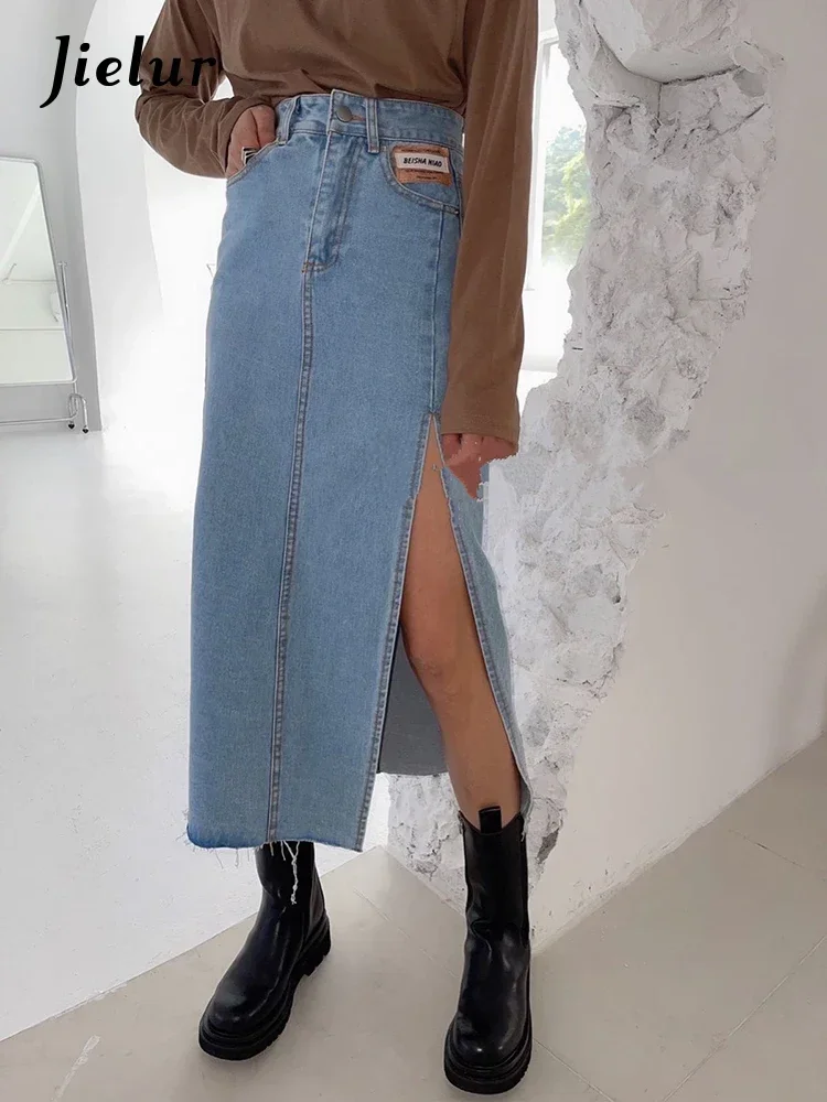 

Jielur Summer New Women's Long Denim Skirt Vintage High Wasit Jeans Skirt Female Straight Side Split A-line Pencil Skirts