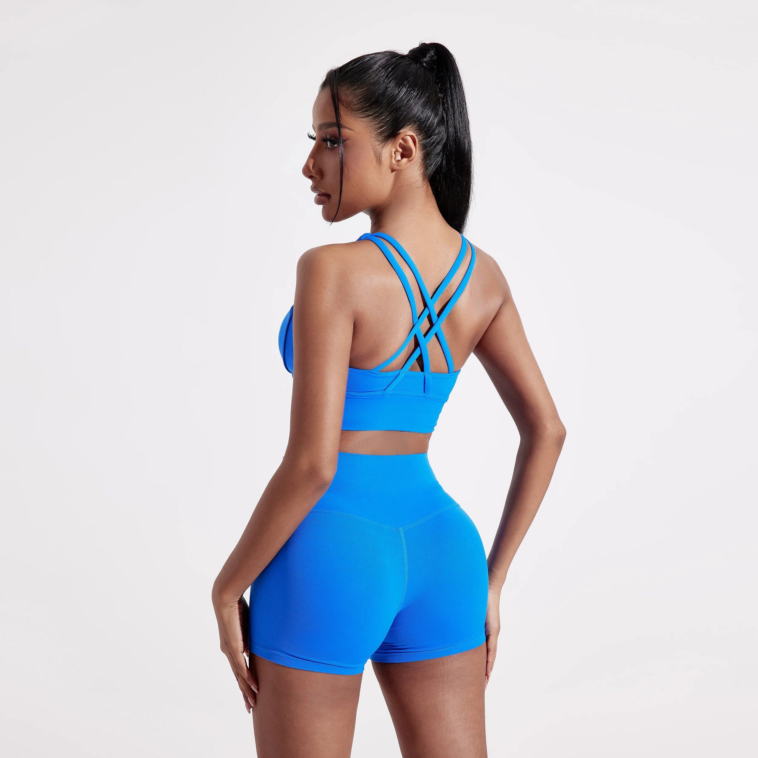Solid Color High impact shockproof Cross Back Sport Bra Gym Bike Yoga Set Short Legging + Athletic Women Gym Suit training wear