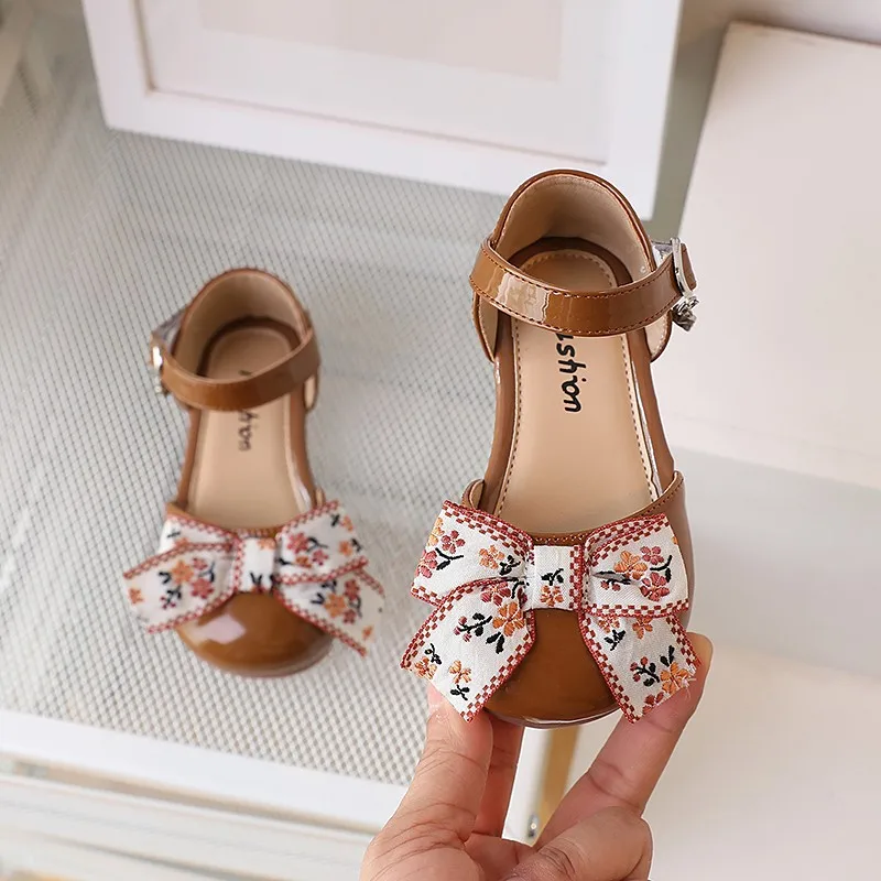 

Children's Girls Leather Shoes Floral Print Bow Breathable Round Toe Casual Kids Fashion Princess Shoes Flat Shoes for Children