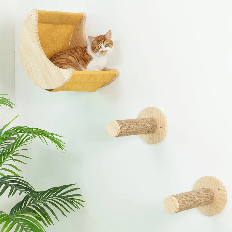 4-laags hoge kattenboom, kattenmeubelset met 4 springplanken, aan de muur te bevestigen zwevende kattenplank tot 18 kg, kattenzitstok van 12 mm grenenhout om op te slapen, spelen en klimmen | NL