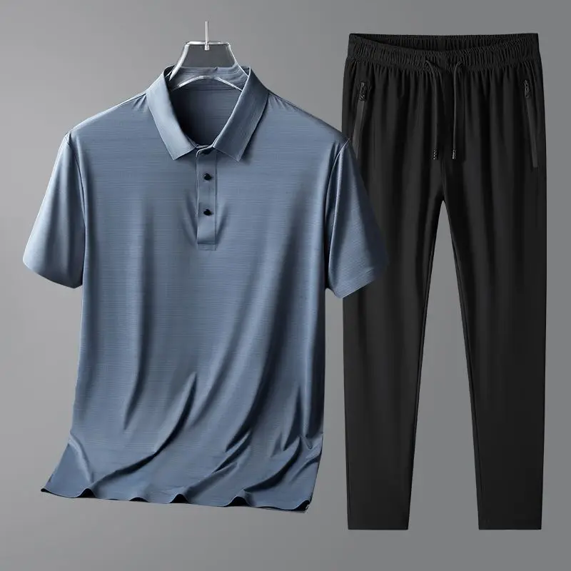 Summer Breathable Thin Pants Set Men Solid Lapel Button Short Sleeve Top Elastic Waist Drawstring Zipper Pocket Casual Pants