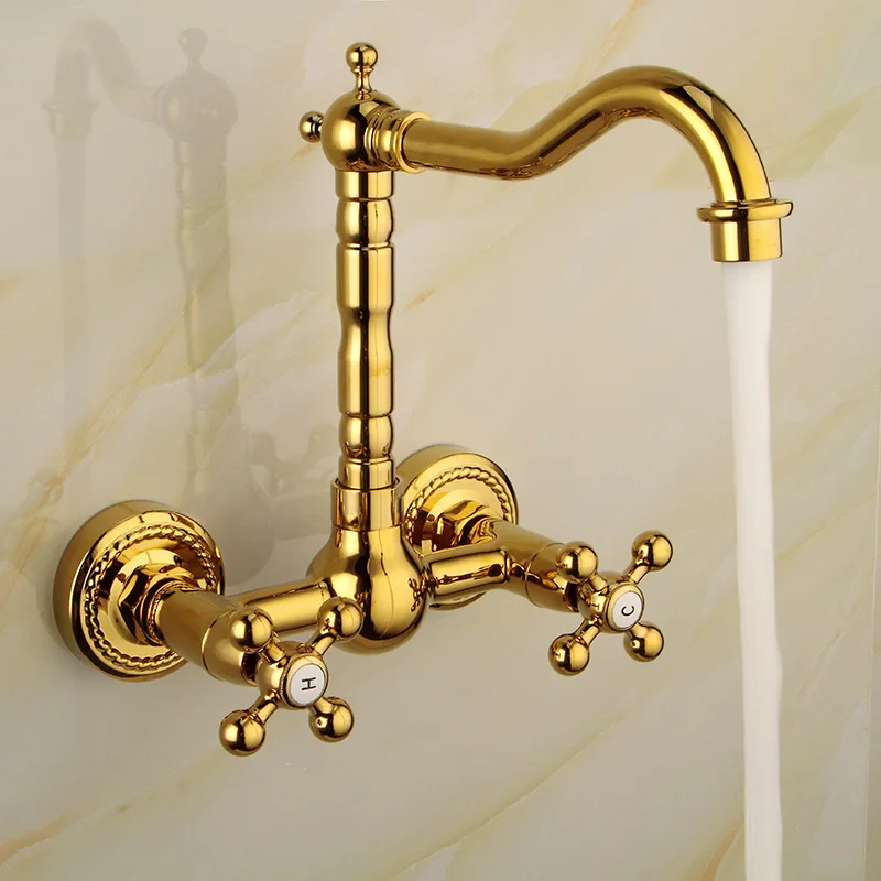 

Luxury Gold Color Brass Bathroom Kitchen Sink Basin Faucet Mixer Tap Swivel Spout Wall Mounted Dual Cross Handles