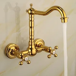 Luxury Gold Color Brass Bathroom Kitchen Sink Basin Faucet Mixer Tap Swivel Spout Wall Mounted Dual Cross Handles