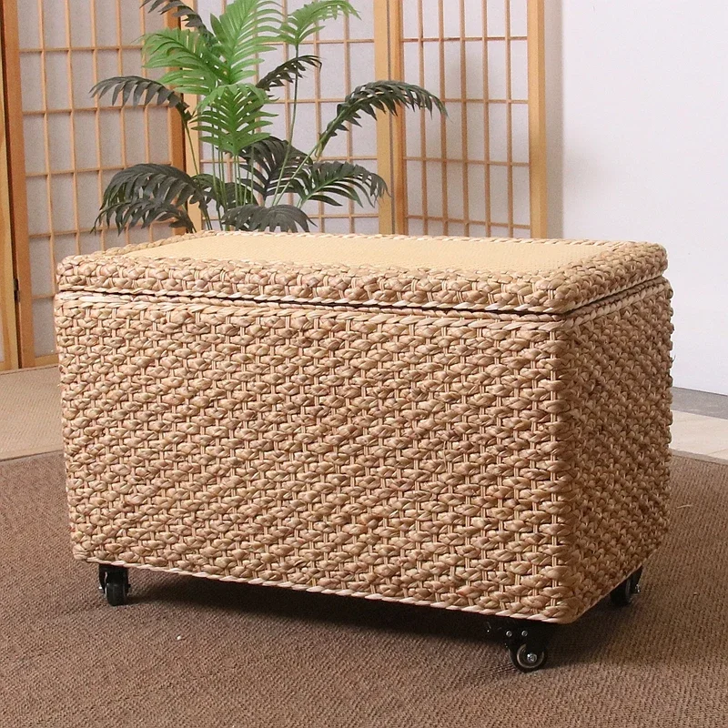 Multifunctional Rattan Woven Storage Box Large Capacity Flip Cover Clothing Case Shoe Changing Stool Convenient Pulley Step Seat 2