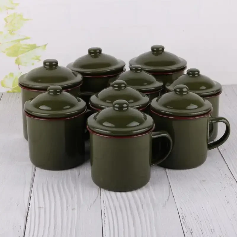 370ml Retro Unbreakable Cookable Heatable Enamel Cup Army Olive Coffee Tea Mug For Kitchen Outdoor Camping Travel Cup Home Decor
