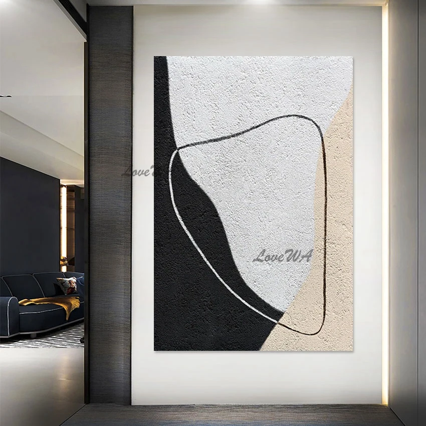 

Interior Decor Picture Simple Handmade Painting Art Showpiece Frameless Black And White Abstract Acrylic Textured Canvas Wall