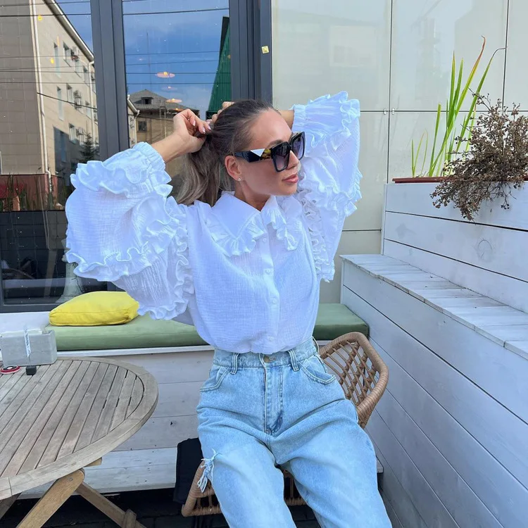 White Ruffled Casual Shirts For Women Fashion Patchwork Cardigan Lapel Long Sleeve Outwear Slim Ladies Shirts 2025 New