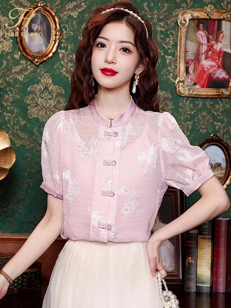 

Han Queen Youthful Woman Clothes 2024 Summer Blusas Vintage Chiffon Short Sleeve Tops Casual Elegant Blouse Work Office Shirts