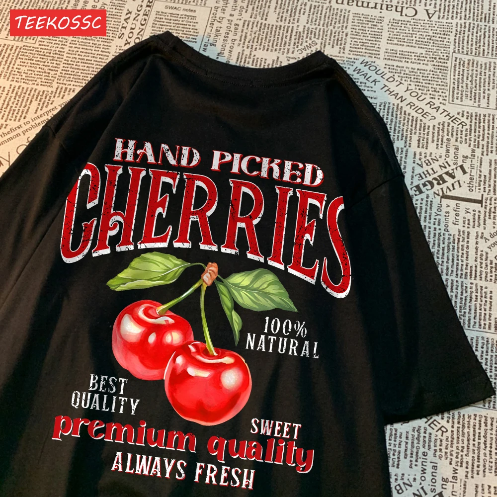 Women's Oversized Cherry Print Cotton T-Shirt - Soft Crewneck Streetwear Top
