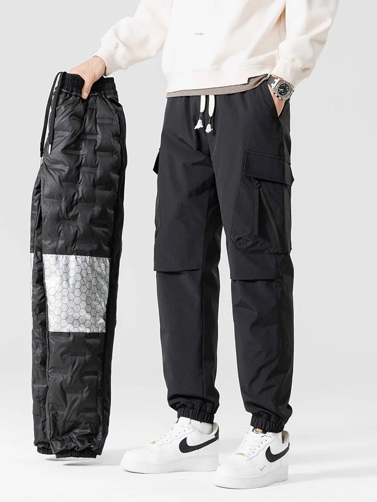 Winter Men's Jogger Puffer Pants 90% White Duck Down Padded Muti-Pockets Thick Warm Cargo Pants Male Windproof Thermal Trousers