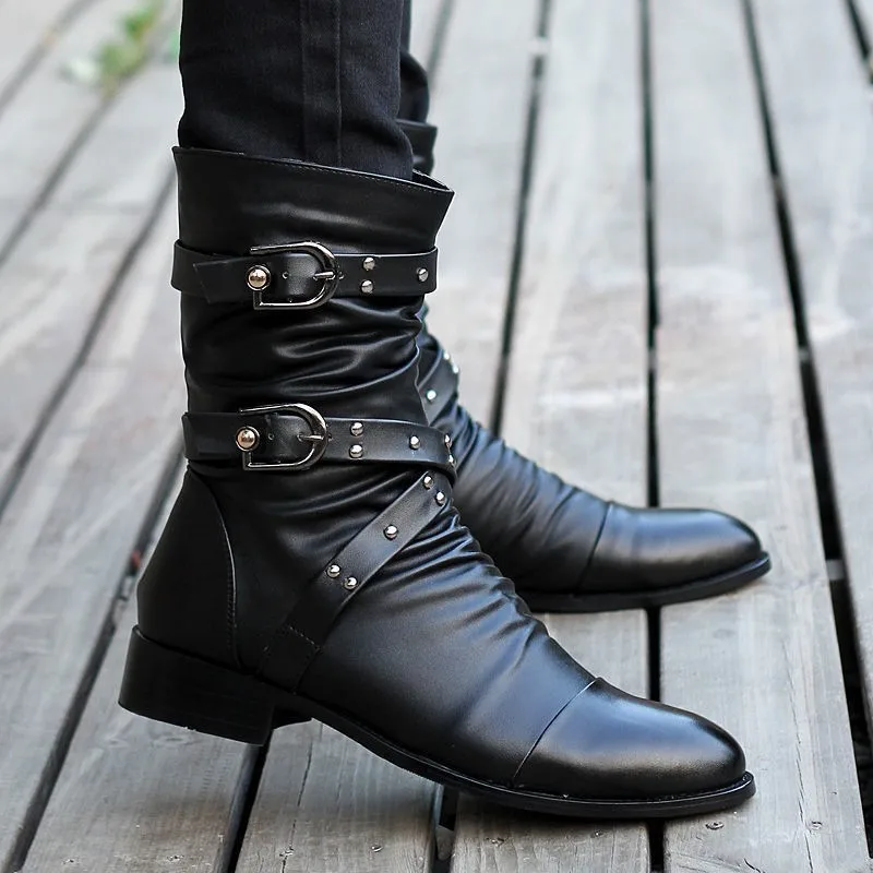 Men Chelsea Boots Men Leather Shoes Winter Pointed Toe Men's Mid-calf Boots Buckle Strap Chelsea Boot for Men Leather Mens Motorcycle Boots High Top Man Winter Shoe