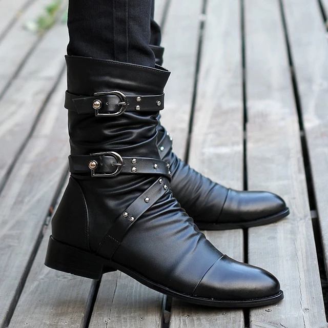Winter Pointed Men's Mid-calf Boots Buckle Strap Chelsea Boot for Men Leather Mens Motorcycle