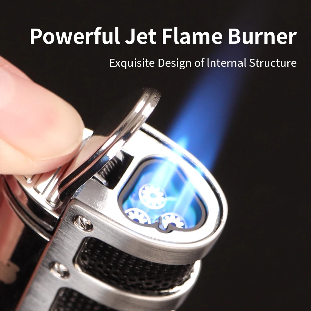 Butane Gas Lighter Luxury Cigar Refillable 3 Torch Jet Flame Windproof Smoking With Cutter Punch
