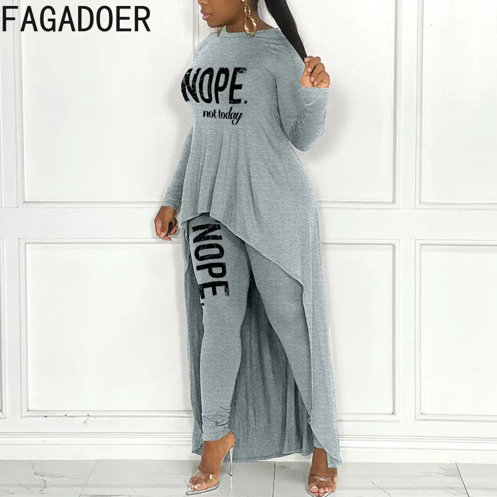 FAGADOER Casual Irregular Print Long Sleeve Top And Legging Pants Two Piece Sets Women Matching 2pcs Outfits Fashion Tracksuits