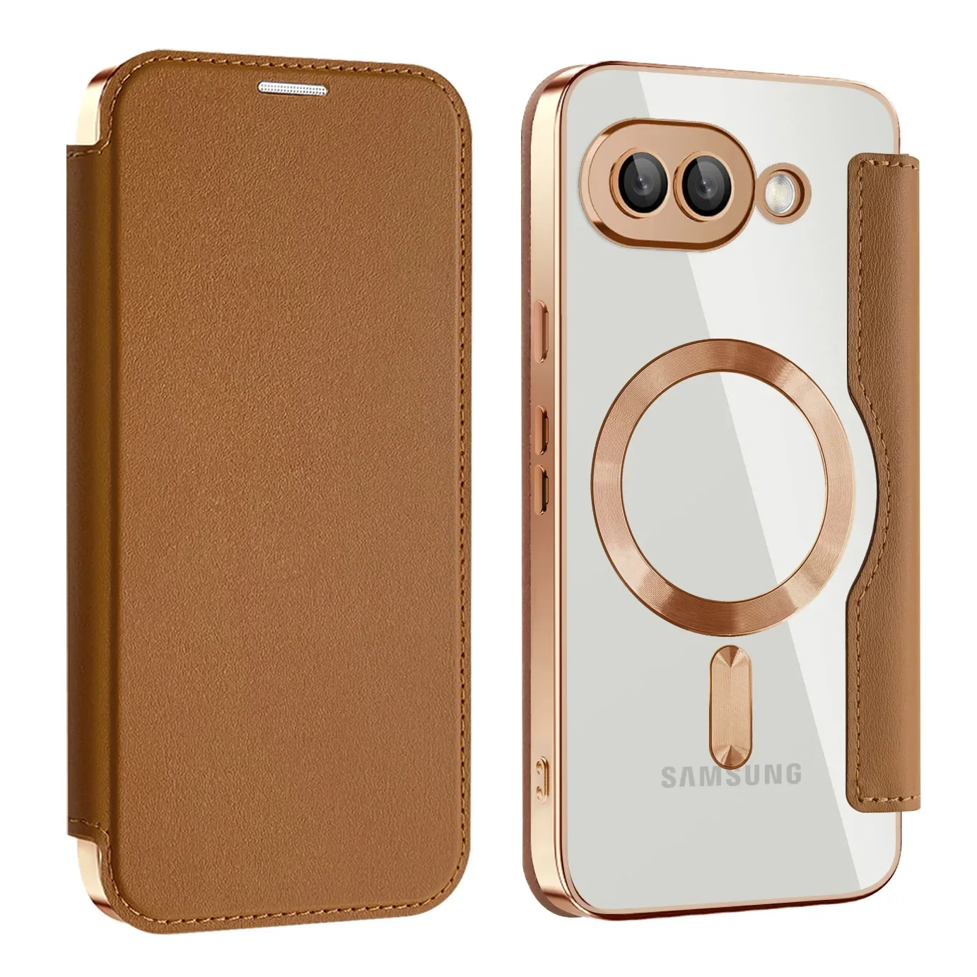 Luxury Transparent Flip Leather Wallet Magnetic Phone Case with Card Slot and Magsafe Cover