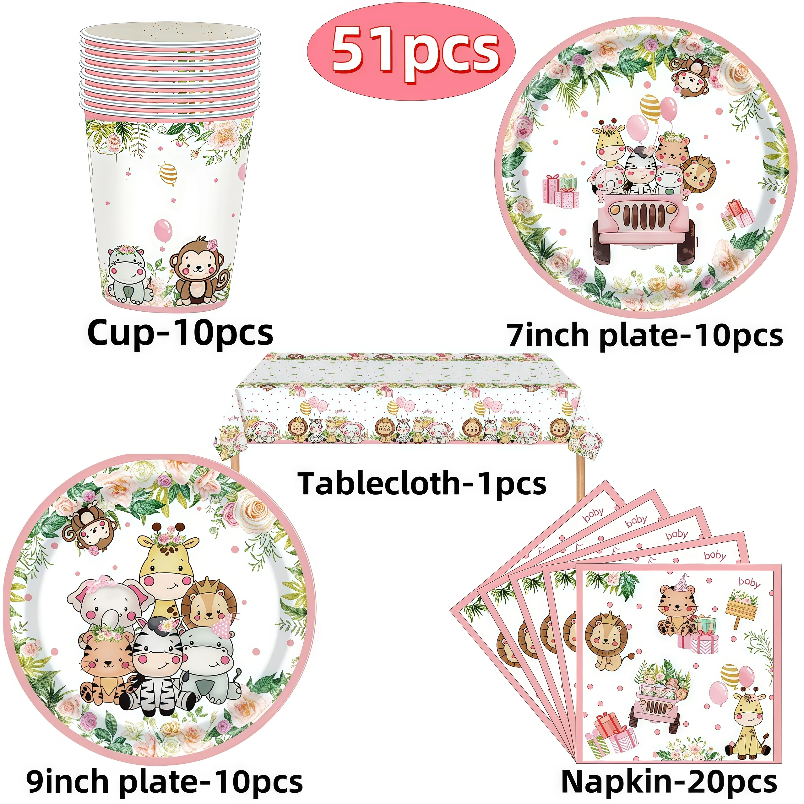 Rosa Dschungel Safari Geburtstag Party Supplies Cartoon Tiere Geschirr Tassen Teller Servietten Tischdecke für Mädchen Baby Shower Dekor – Detail 10