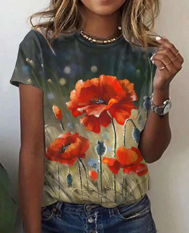 

2022 Women's Floral 3D Printed Crew Neck Basic Tops Women's Floral Themed Painting T-Shirts 3D Printed Tops Blue Red Yellow
