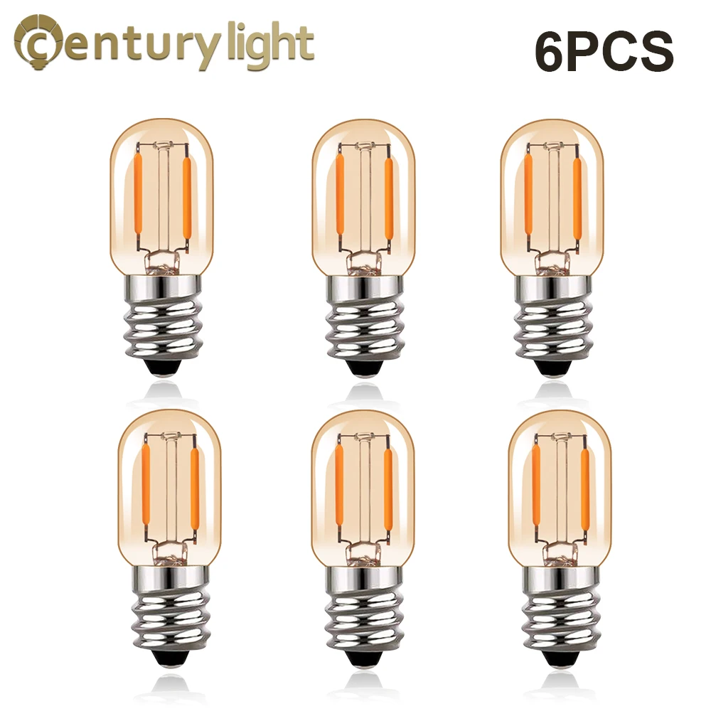 6PCS Vintage Edison LED Light Bulb T22 1W Warm white 2200K E12 220V Dimmable Light Bulb E14 Amber Glass Fridge Tube Light Bulb