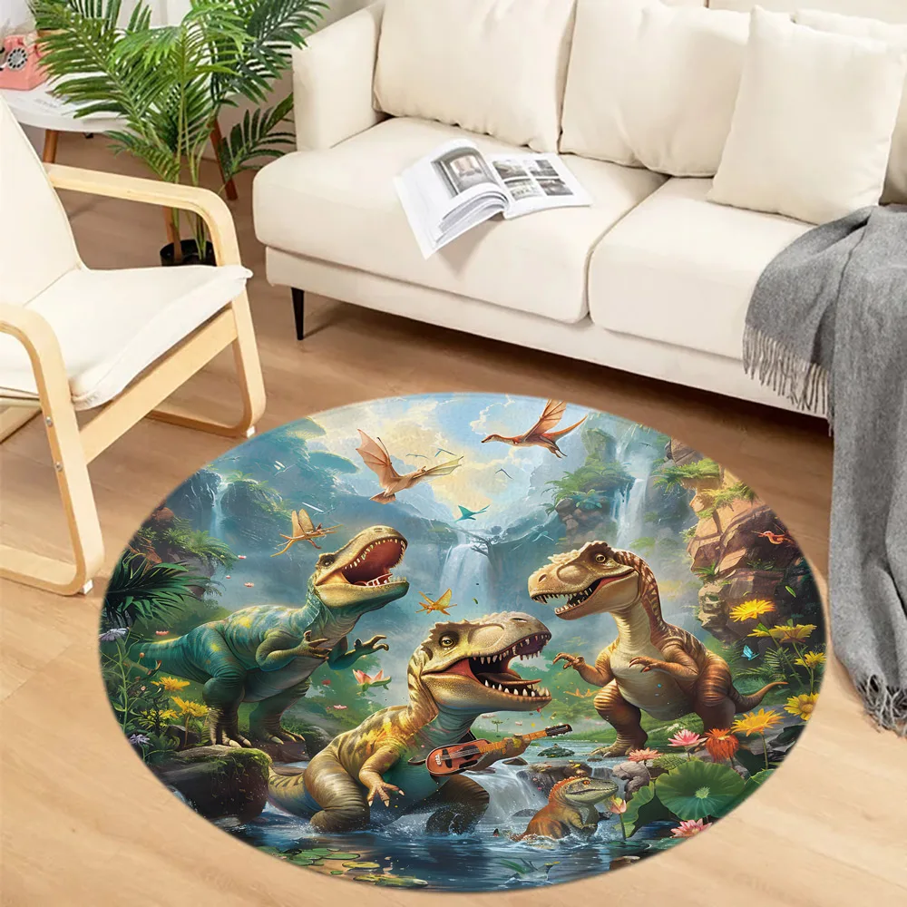 

Cartoon Dinosaur Round Floor Mat Tropical Jungle Waterfall Adventure Boy Teen Living Room Bedroom Bedside Decor Carpet Round Rug