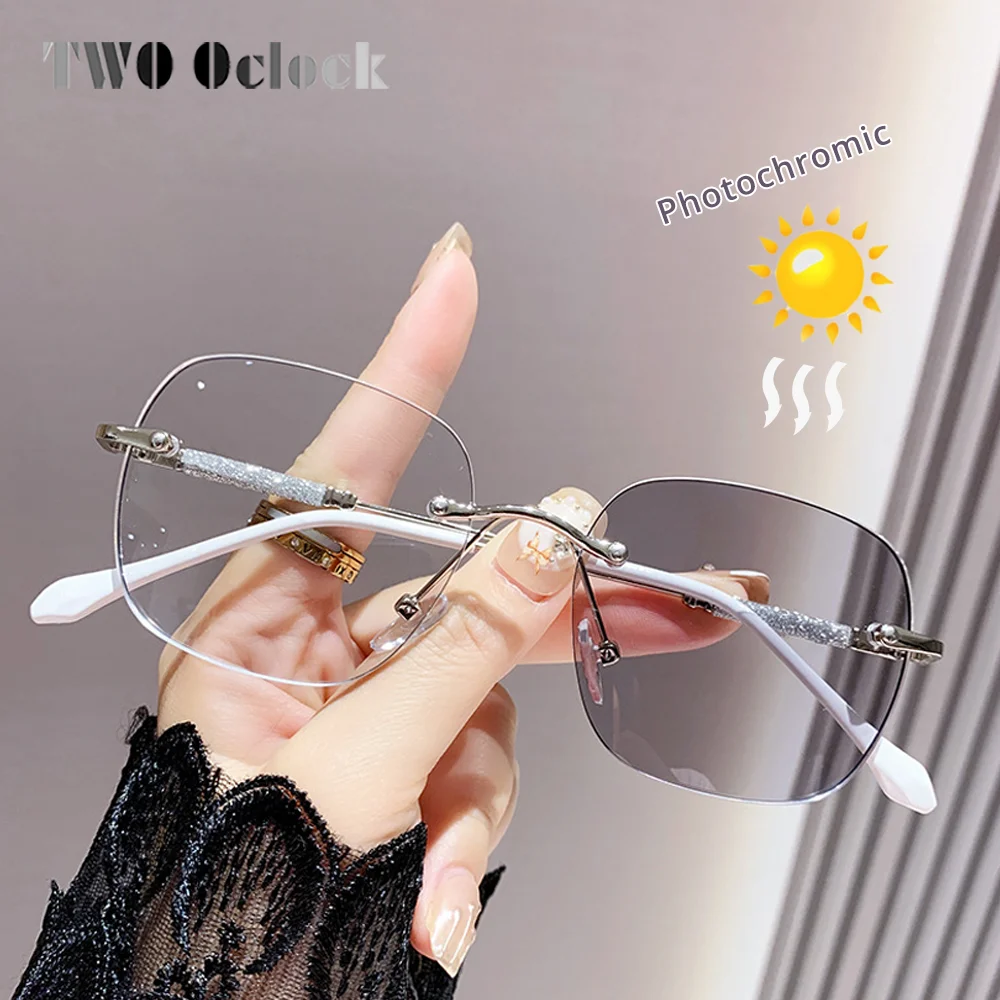 Women's Glasses Myopia Photochromic Sunglasses Rimless Prescription Glasses Graduated Optical Lenses Transparent Glasses Minus 4