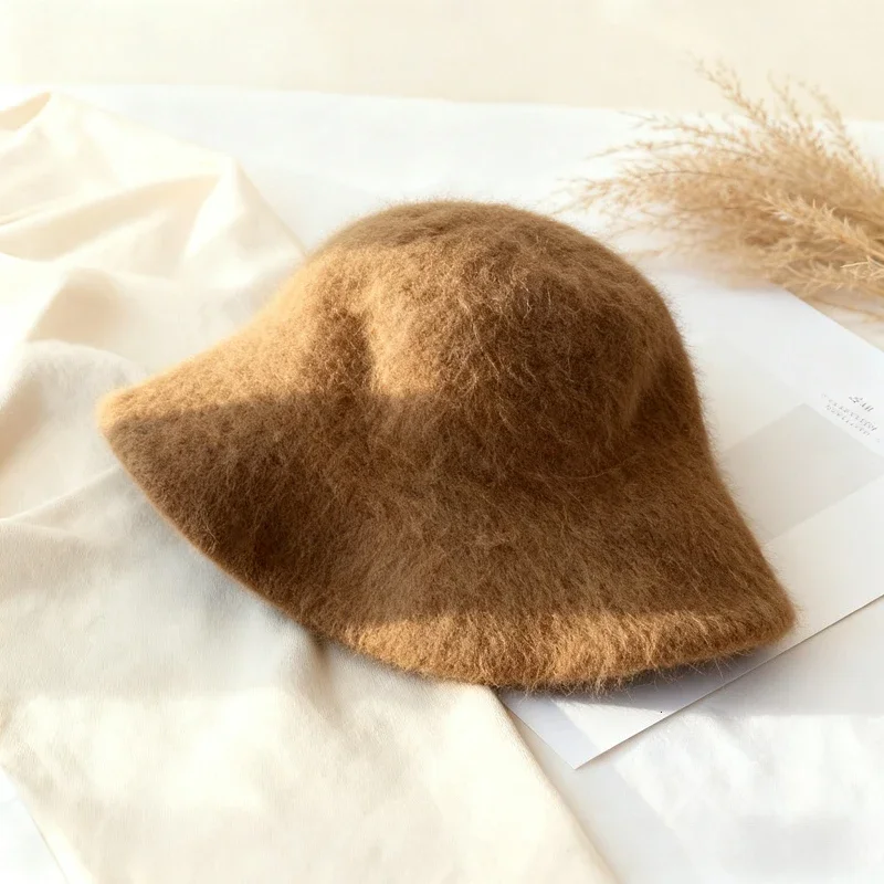 New Bucket Hat Winter Foldable Beanies Korean Good Angola Long Rabbit Fur Fisherman Fashion Soft Warm Wool Basin Cap Women 모자