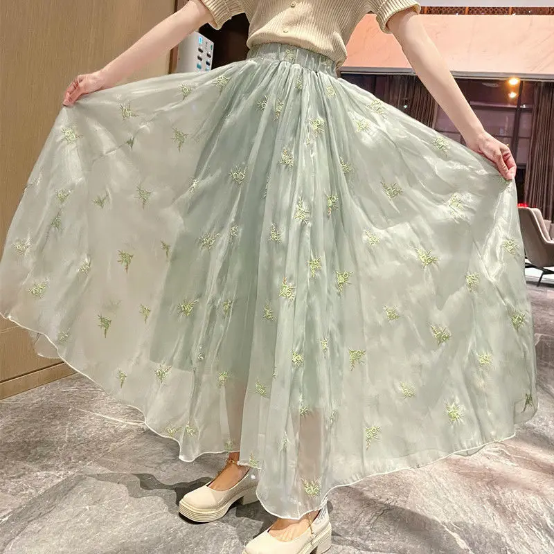 

Luxury Embroidery Women Skirt High Waist Solid Color Summer Long Skirt Pleated Elegant Korean Fashion High-end Designer Clothes