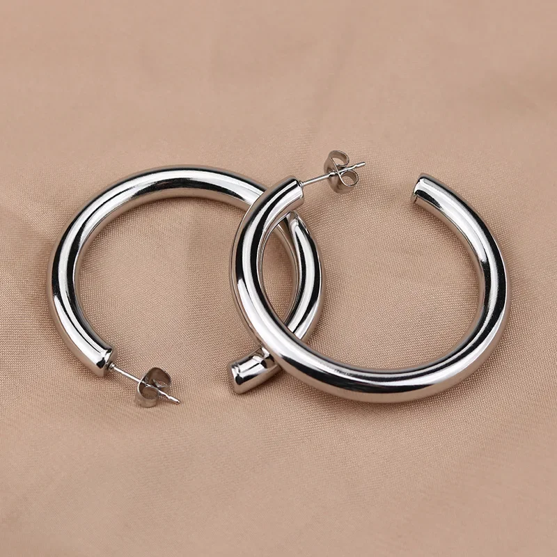 Gold Plated Hoop Earring Thick Round Circle Stainless Steel Earrings for Women Jewelry 5 Gold Plated Hoop Earring Thick Round Circle Stainless Steel Earrings for Women Jewelry - Image 5