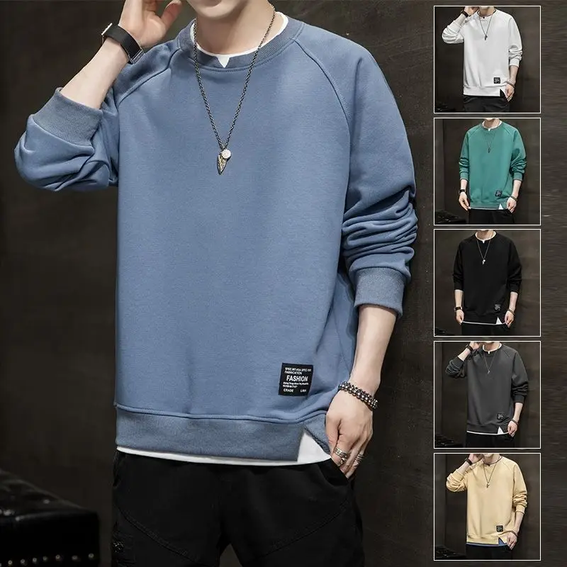 

Men's Sweatshirts Solid Color Trend Loose Versatile Bottom Shirt Autumn Thin Youth Autumn Winter O-collar Patch Letter Male Top