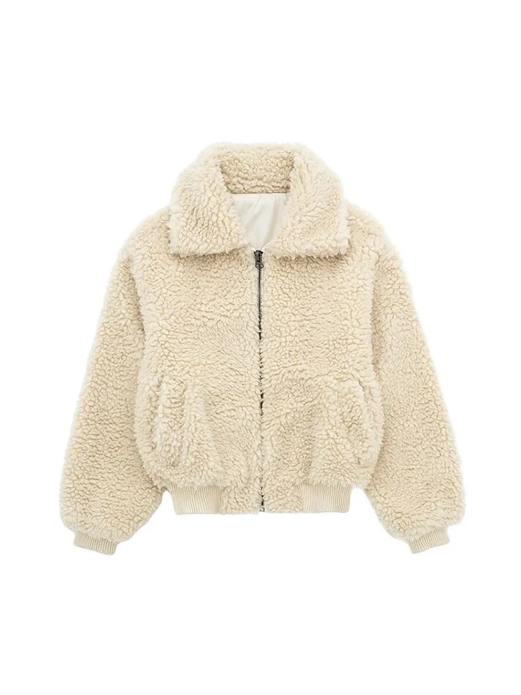 

ZADATA 2024 new women's fashionable and versatile casual solid color simple warm O-neck loose long-sleeved street jacket