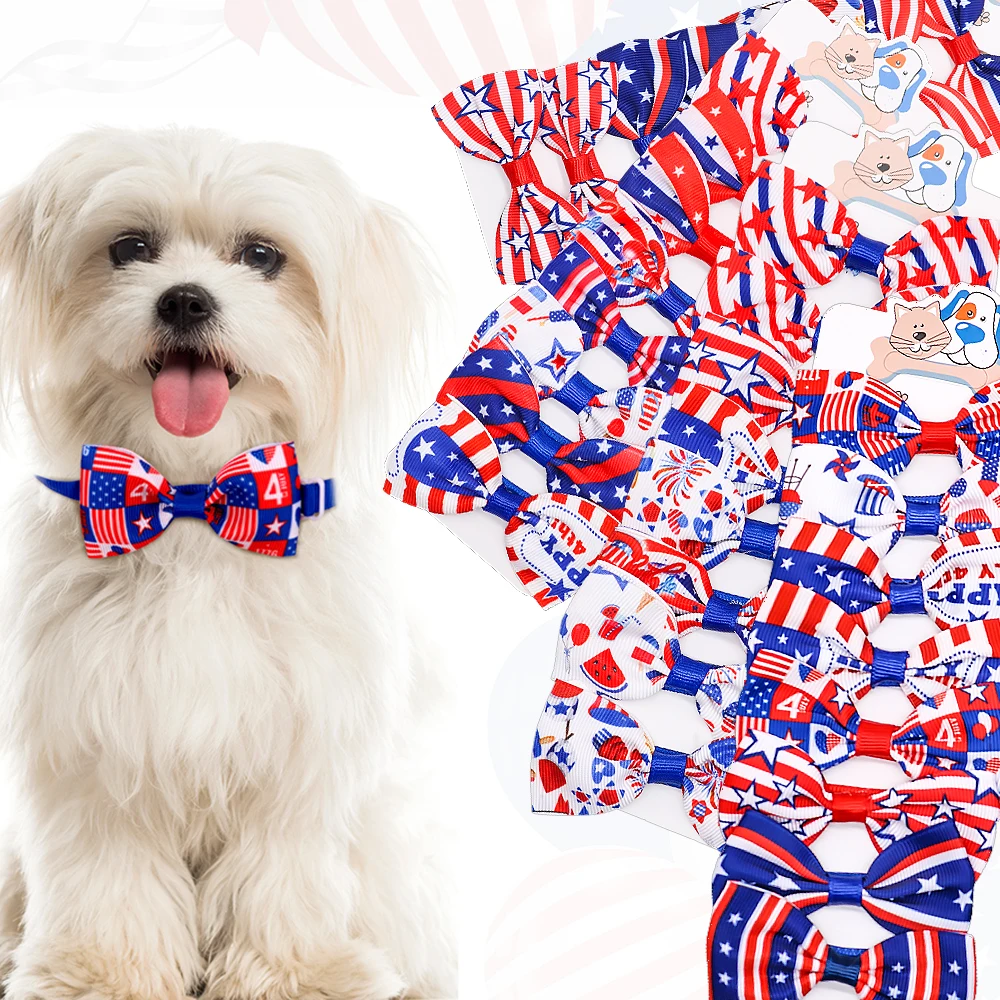 

8PCS/SET American Independence Day Dog Grooming Bowtie Pet Bows Adjustable Small Dog Cat Festival Collars Necklace Dog Accessory