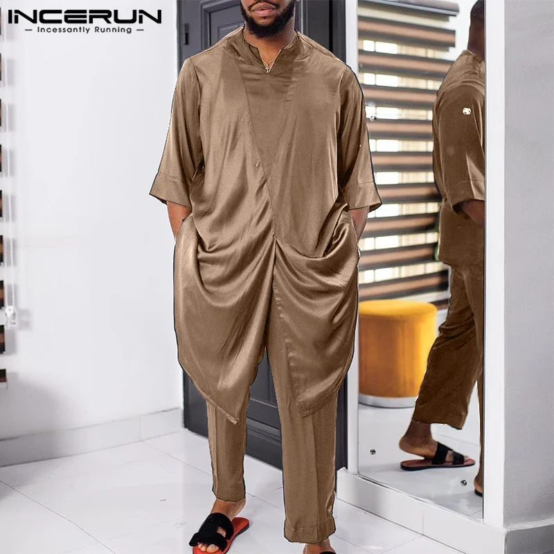 

Men Muslim Sets Satin Solid Color Islamic Arabic V Neck Half Sleeve Kaftan Jubba Thobe & Pants 2PCS 2023 Men Suits S-5XL INCERUN