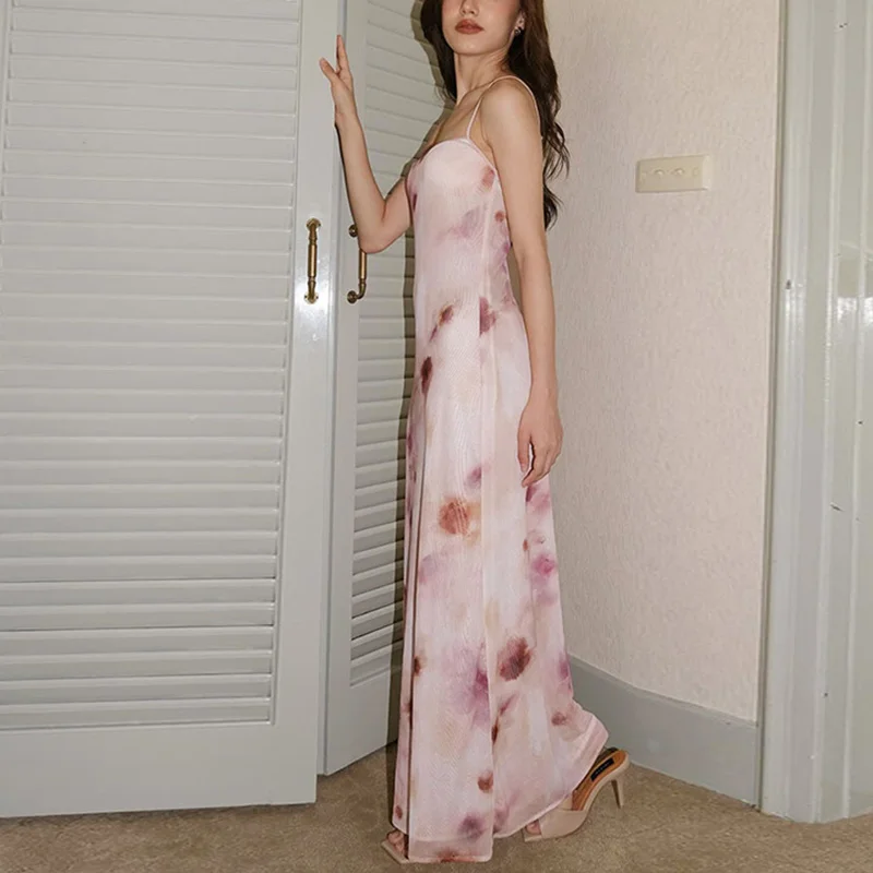 Summer Long Dress y2k Women Floral Print Square Neck Spaghetti Strap Sleeveless Bodycon Dress 2000s Club Party Dresses