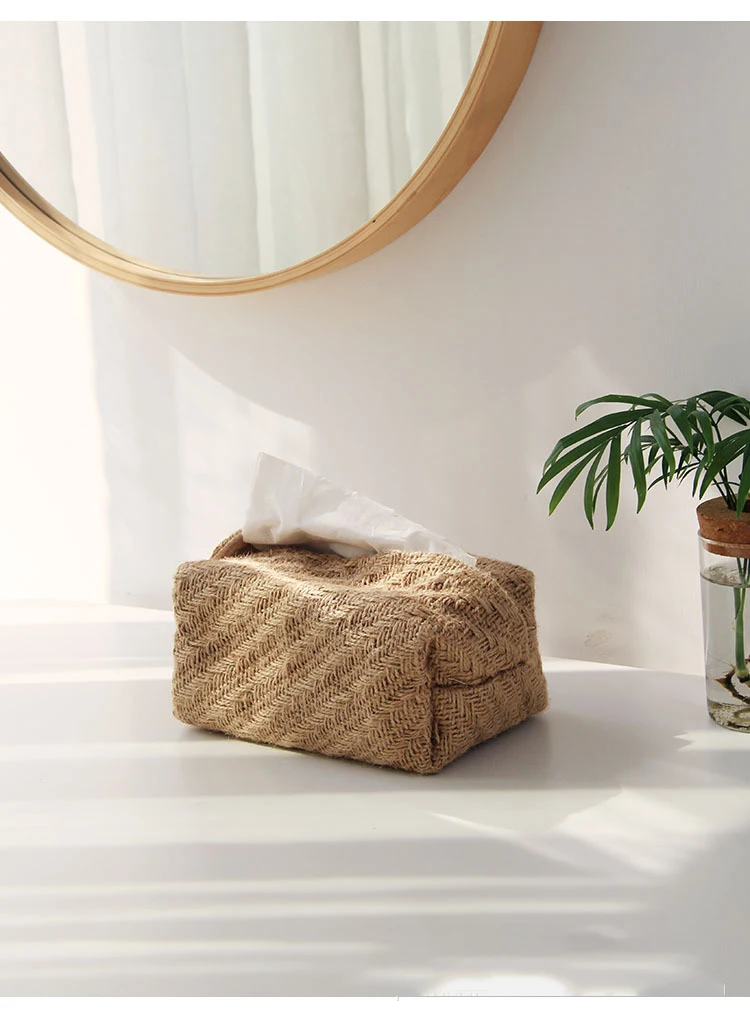 Description Picture 4 of itemJapanese-Style Jute Tissue Case Napkin Holder for Living Room Table Tissue Boxes Container Home Car Papers Dispenser Holder
