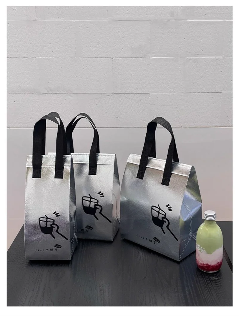 10pcs Silver Non-Woven Insulated Tote Bags, Reusable Fabric Pouches for Bread, Drinks, ... - SKU ITB01454 - UGI Packaging