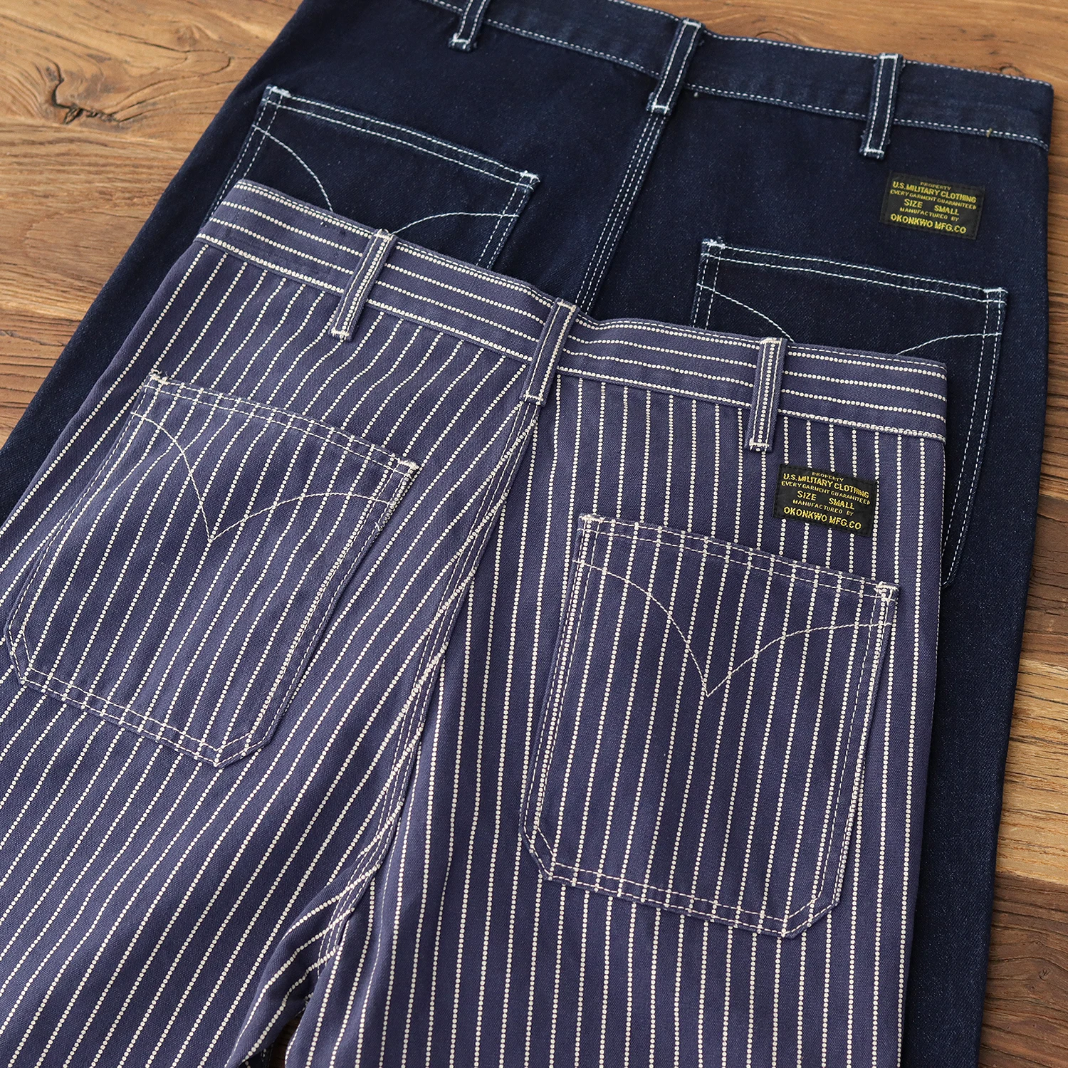 Discharge striped cargo wide-leg pants American retro heavy primary color denim casual loose straight leg jeans men 2