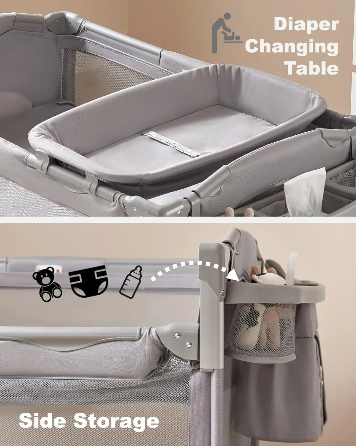 4 in 1 Baby Bassinet Bedside Sleeper, Baby Bedside Crib 4 Functions, Bedside Bassinet Crib Sleeper, Playard, Changing Table