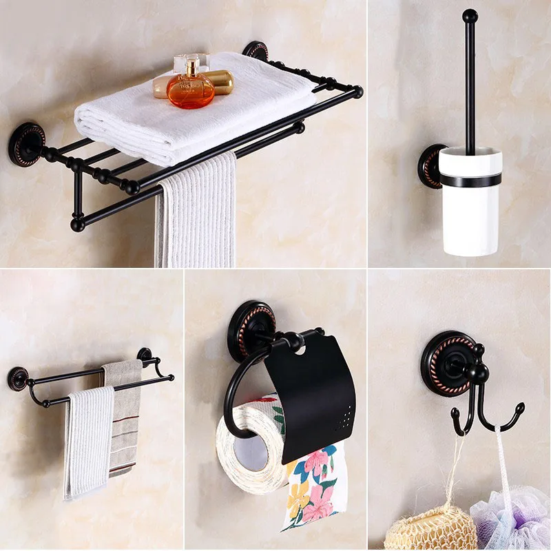 Bathroom Bath Toilet Paper Holder Robe Hook Bathroom Retractable Towel Hanging Rod Black Brass