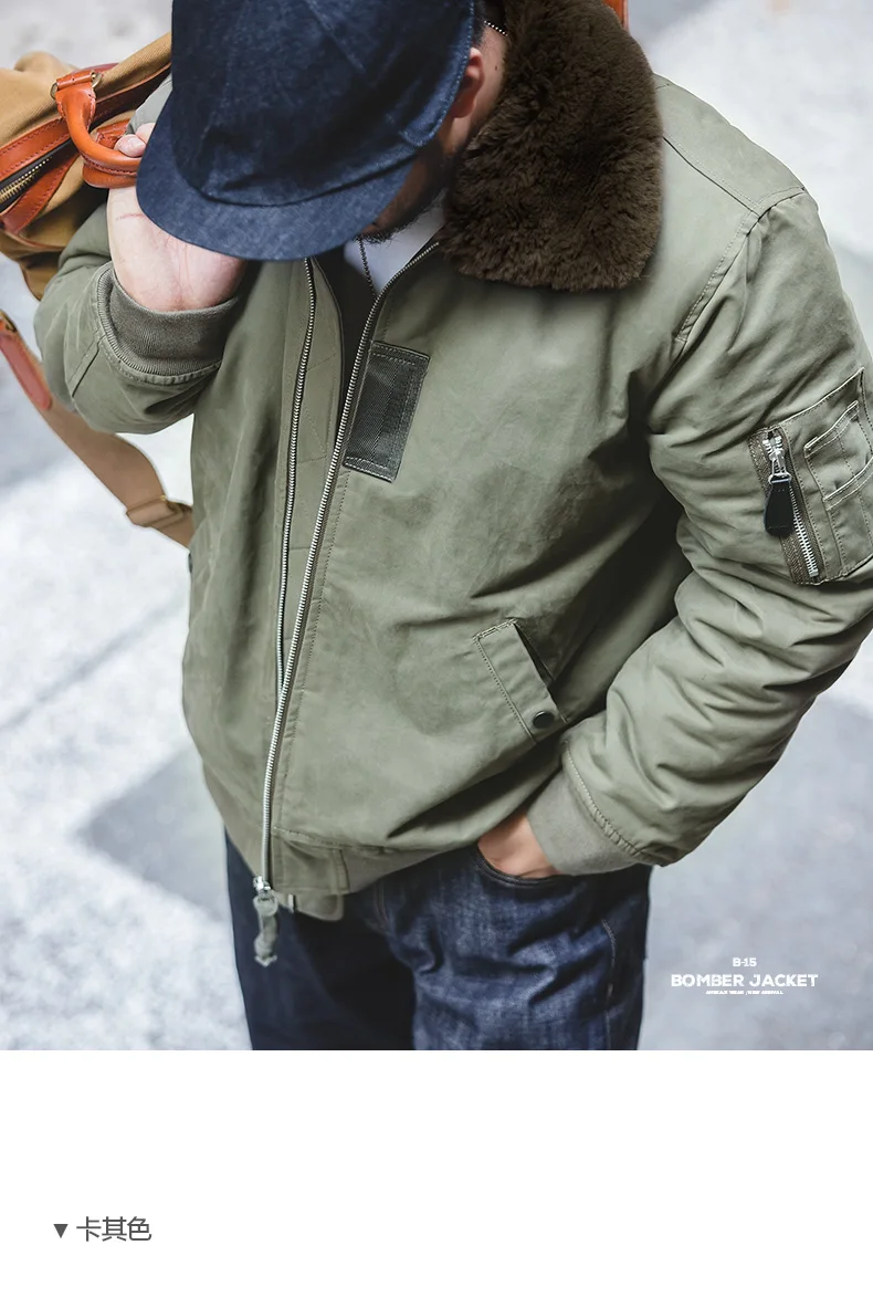 Maden Men's Vintage B-15 Bomber Jacket Green Khaki Faux Rabbit Fur Collar Thick Padded Winter Coat Warm Windproof Zipper Parka