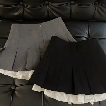 Mooyufon Ruffles Black Mini Skirt Women Korean Patchwork Pleated Skirts Japanese Kawaii High Waist All Match A Line Skirt New 2