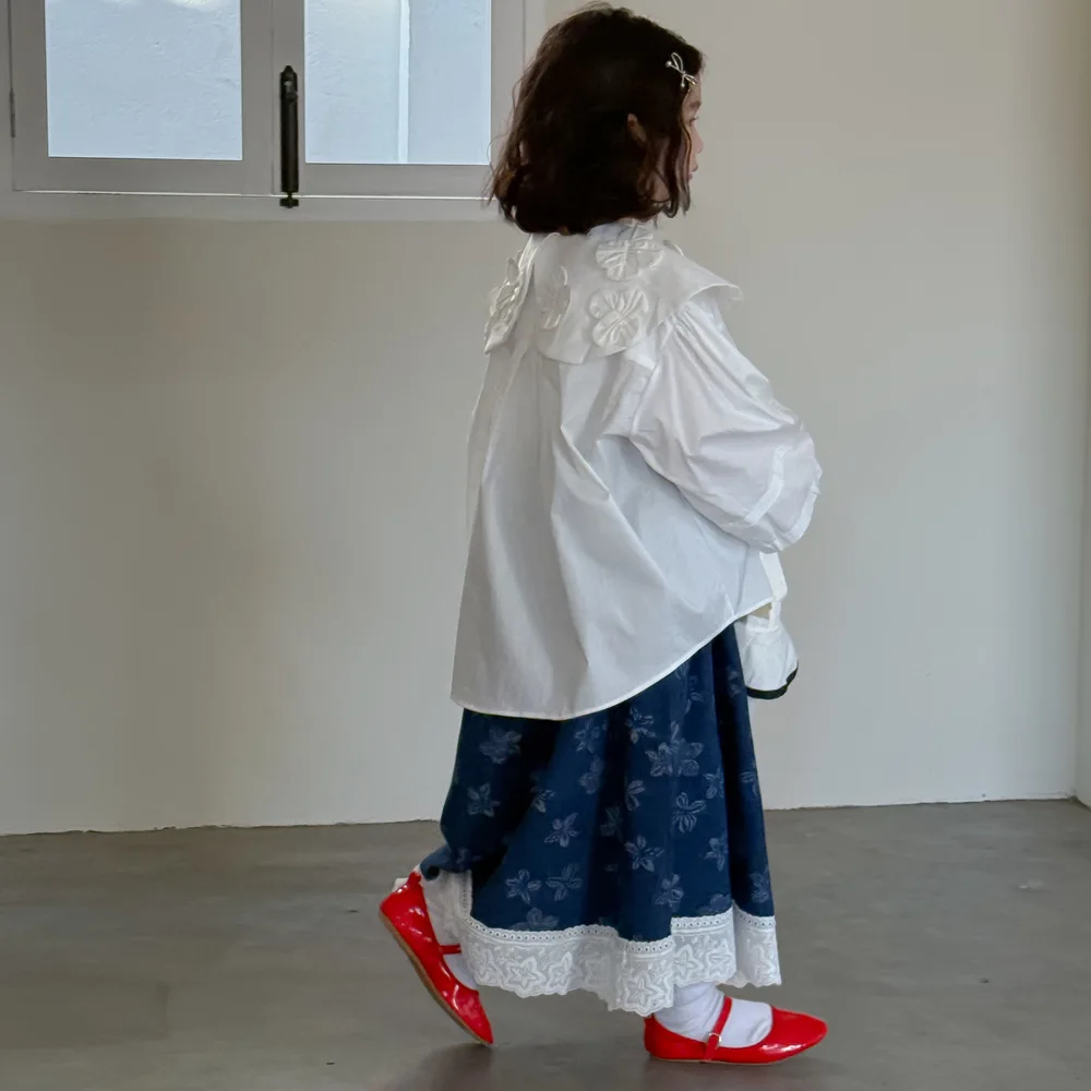 아동용 셔츠 2026 봄 가을 여아용 한국판 단색 꽃무늬 셔츠 캐주얼 루즈 칼라 탑