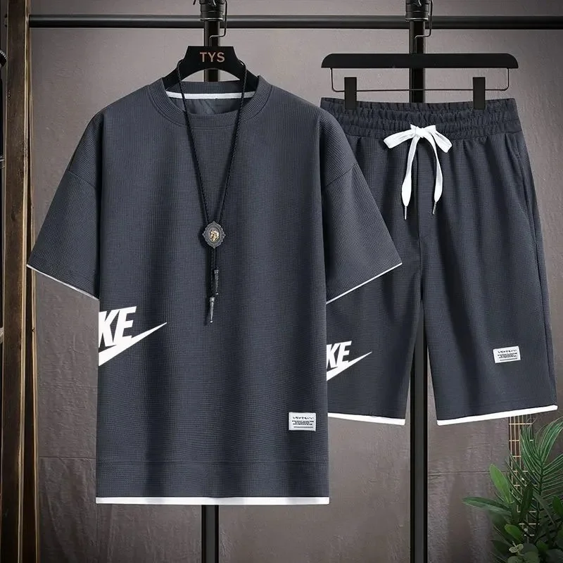 Summer Suit For Men Waffle Fabric Fashion Casual Clothing T-Shirt + Shorts Two Piece Set Male Sports Suit Short Sleeve Tracksuit
