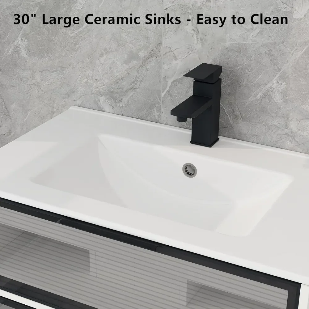 30” Floating Bathroom Vanity with Sink Combo, Modern Wall Mounted Cabient with 2 Glass Doors Drawers Storage 5
