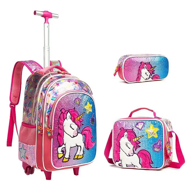 

Sequins Primary Schoolbag with Wheels 3pcs/set Unicorn School Rolling Backpack Bag for Girls Wheeled Backpack School Trolley Bag