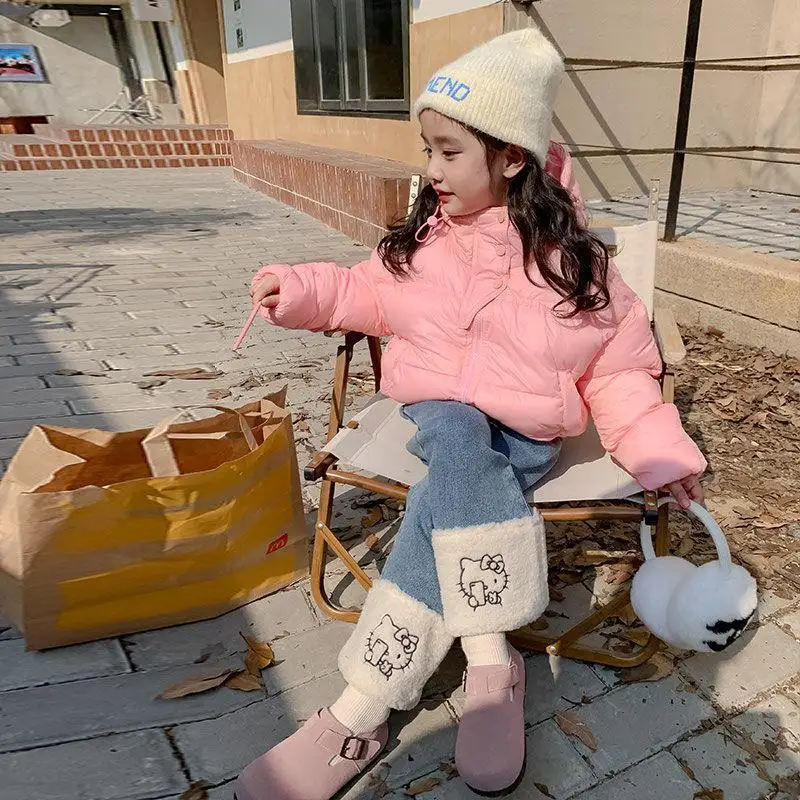 

Y2K Hellokitty Kids Embroidery Plus Velvet Cotton Pant Anime Cute Winter Thicken Straight Pants Cartoon Wide Leg Pants Girl Gift