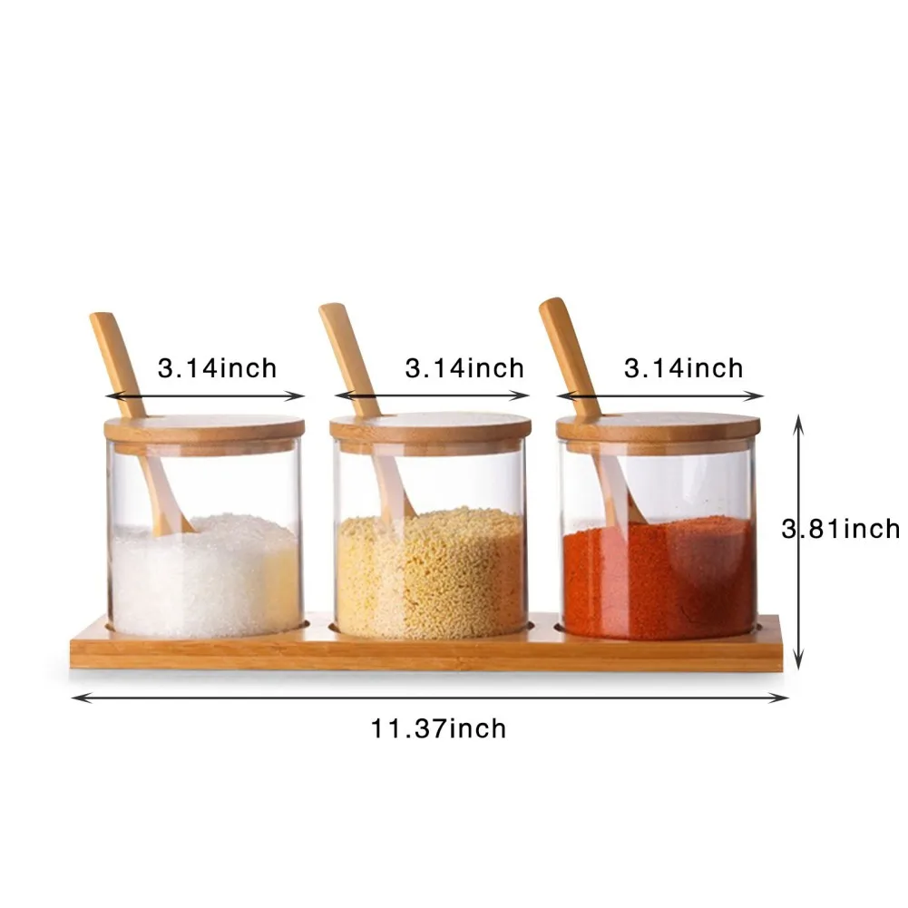 Glass Seasoning Storage Jars Bamboo Lid And Spoon Kitchen Spice Box Seasoning Container Sugar Salt Pepper Jar