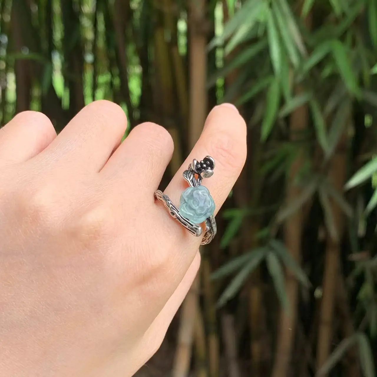 Natural Fluorite Flower Ring Female Jewelry for Women Gift Colorful Stone Crystal Cute Unique