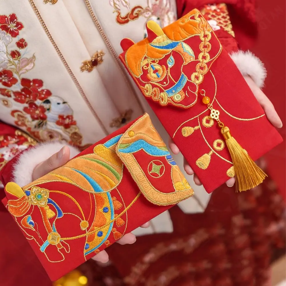 Chinese 2026 New Year Red Envelope Cartoon Bronzing Horse Year Money Envelope Thickened Glitter Frosted Money Bag New Year Gift